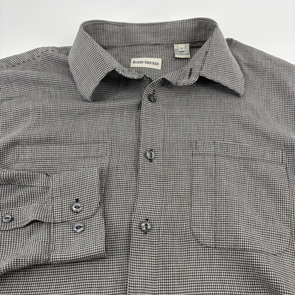 Barry Bricken Button Down Shirt Mens L Grey Houndstooth Cotton Rayon Workwear